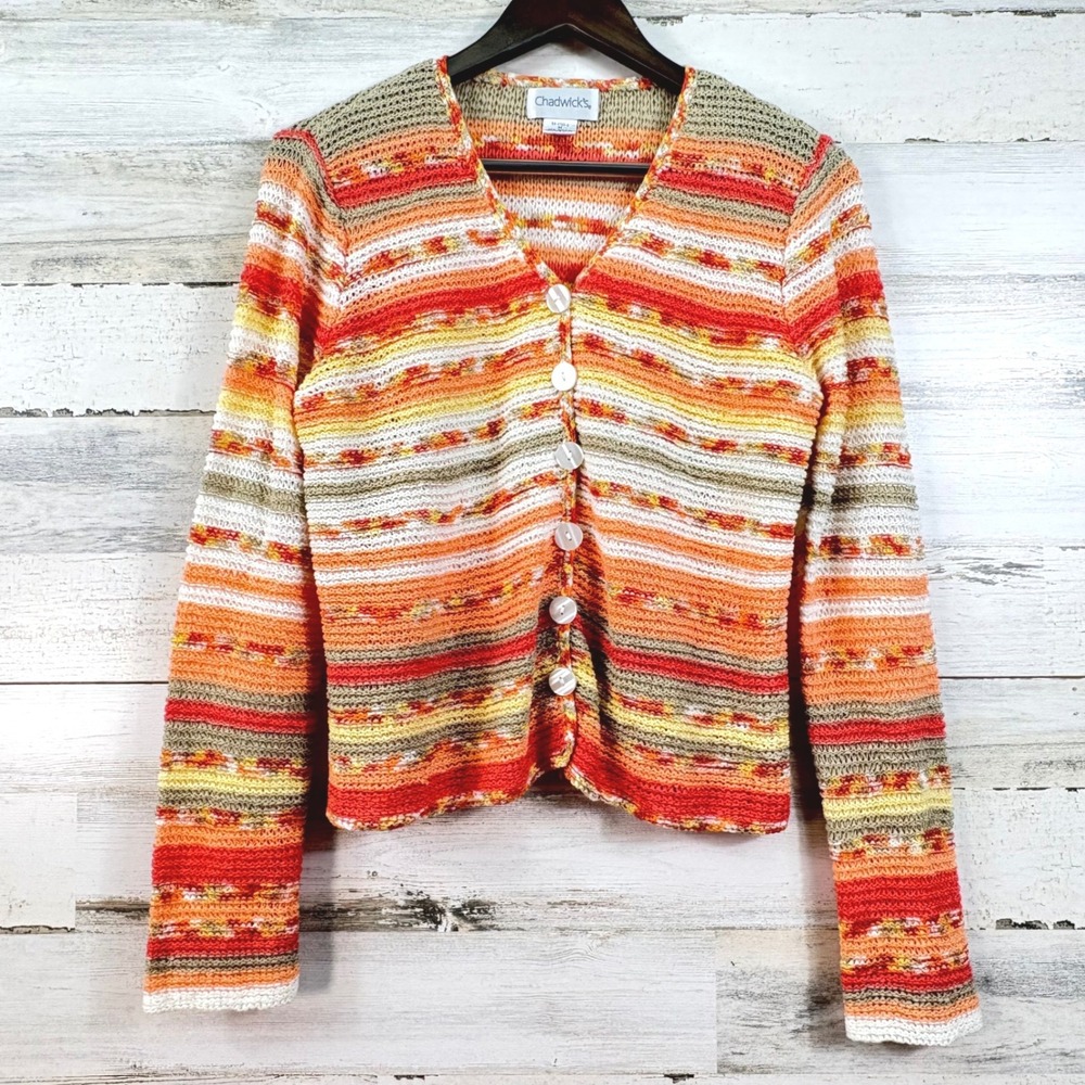 Chadwicks Medium Striped Crochet Knit‎ Cardigan Orange Red V-Neck Button Up